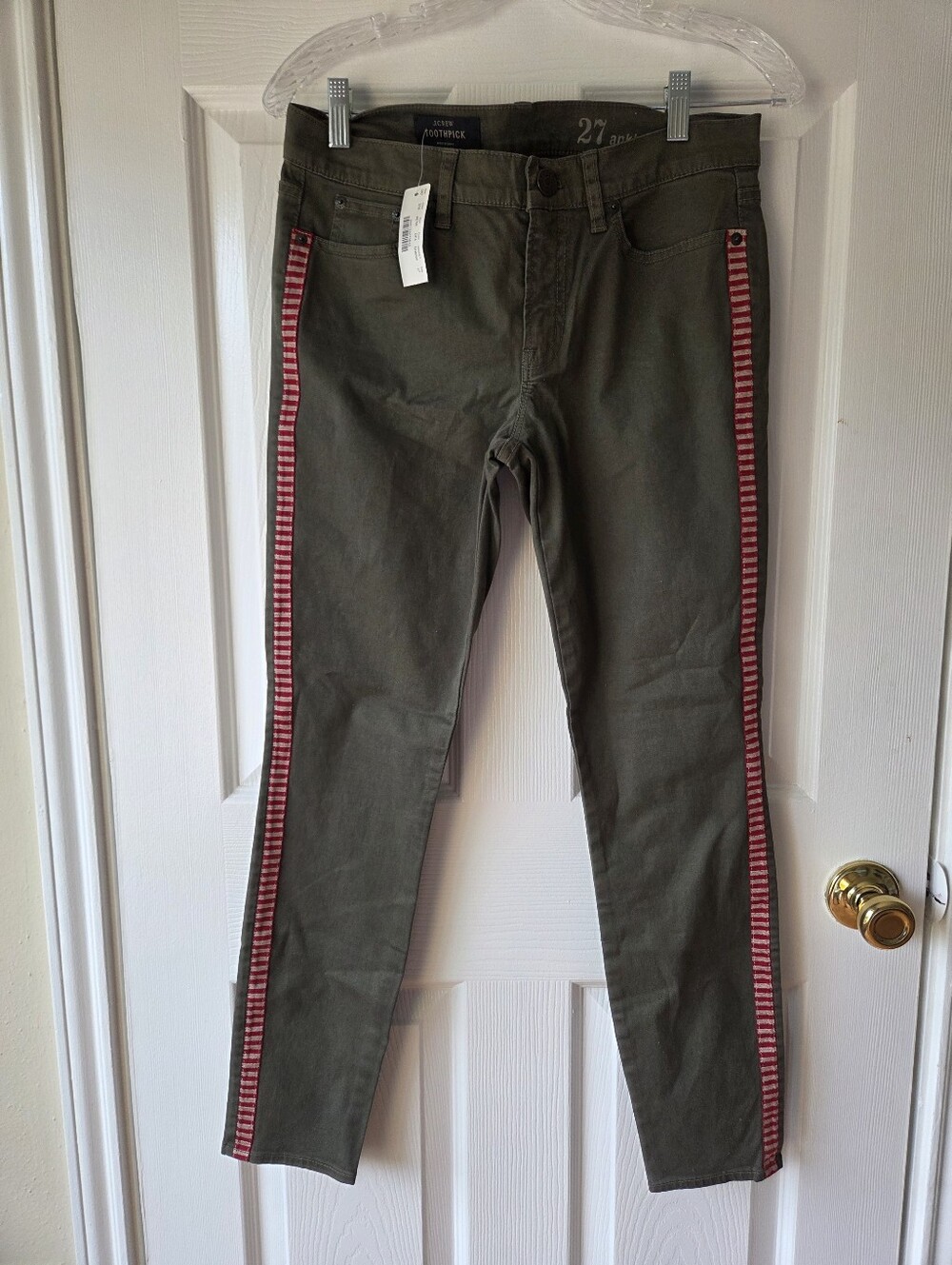 J Crew Jeans 27 NWT Toothpick Tux Stripe Olive Green with Red Stripe $128